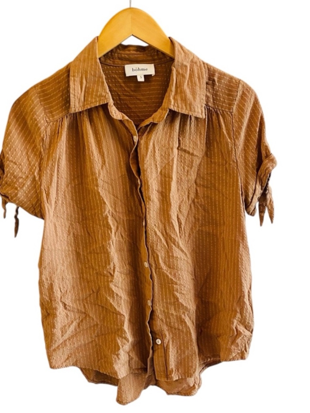 BOHME Rust Pin Stripe Puff Sleeve Western Short Sleeve Button Down